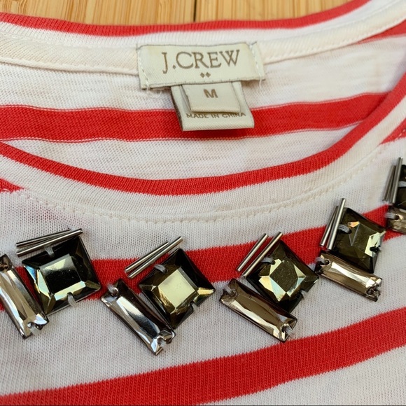 Crew Red Striped Tee with Jeweled Neckline, M. - Picture 2 of 5